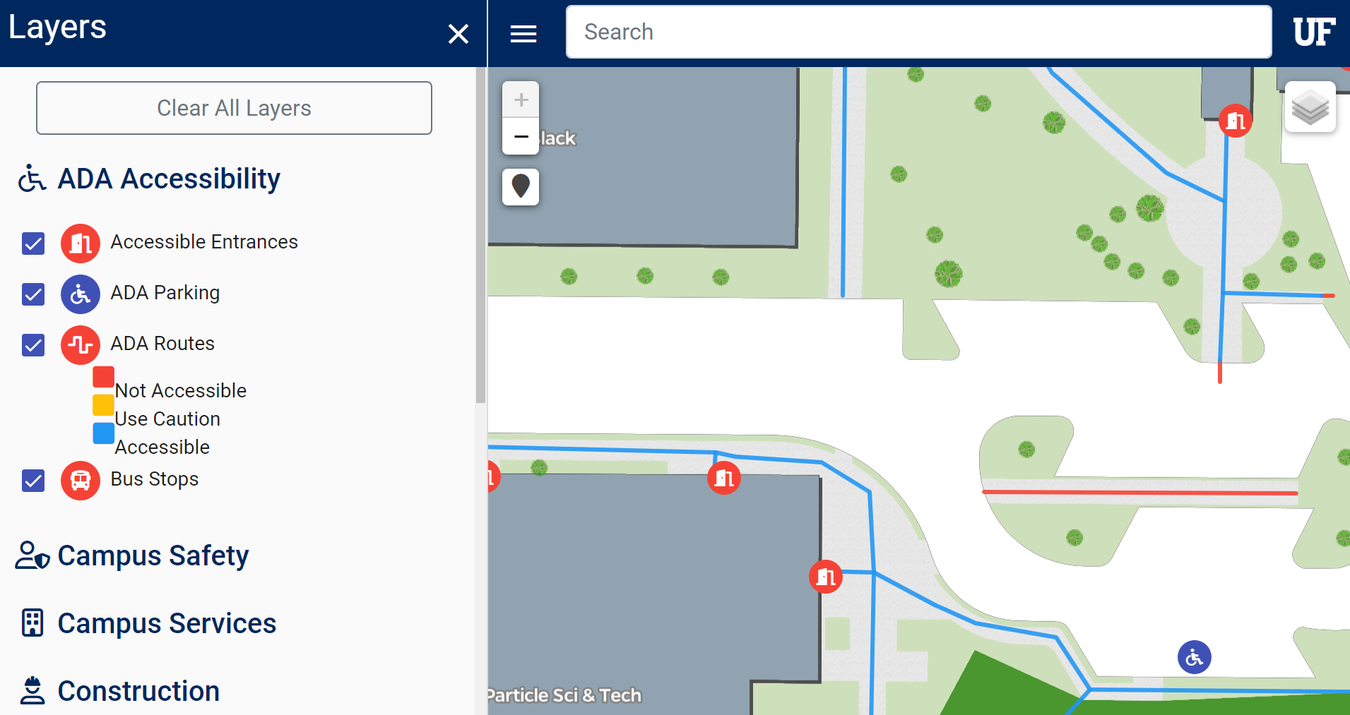 A screenshot of interactive UF Campus Map with the enabled layers for ADA accessibility features: accessible entrances; ADA parking; ADA Routes including not accessible, use caution, and accessible; bus stops.